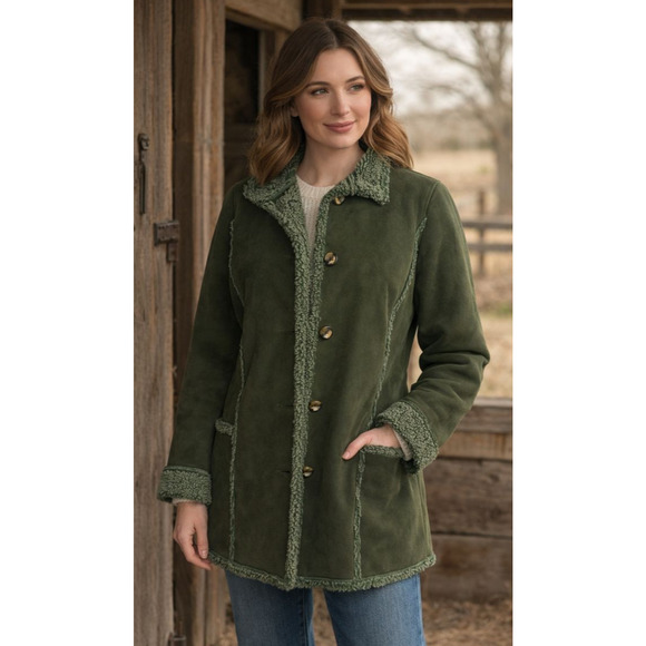 L.L. Bean Jackets & Blazers - L.L. Bean Womens Medium Sherpa Fleece Lined Green Coat Jacket Button Front